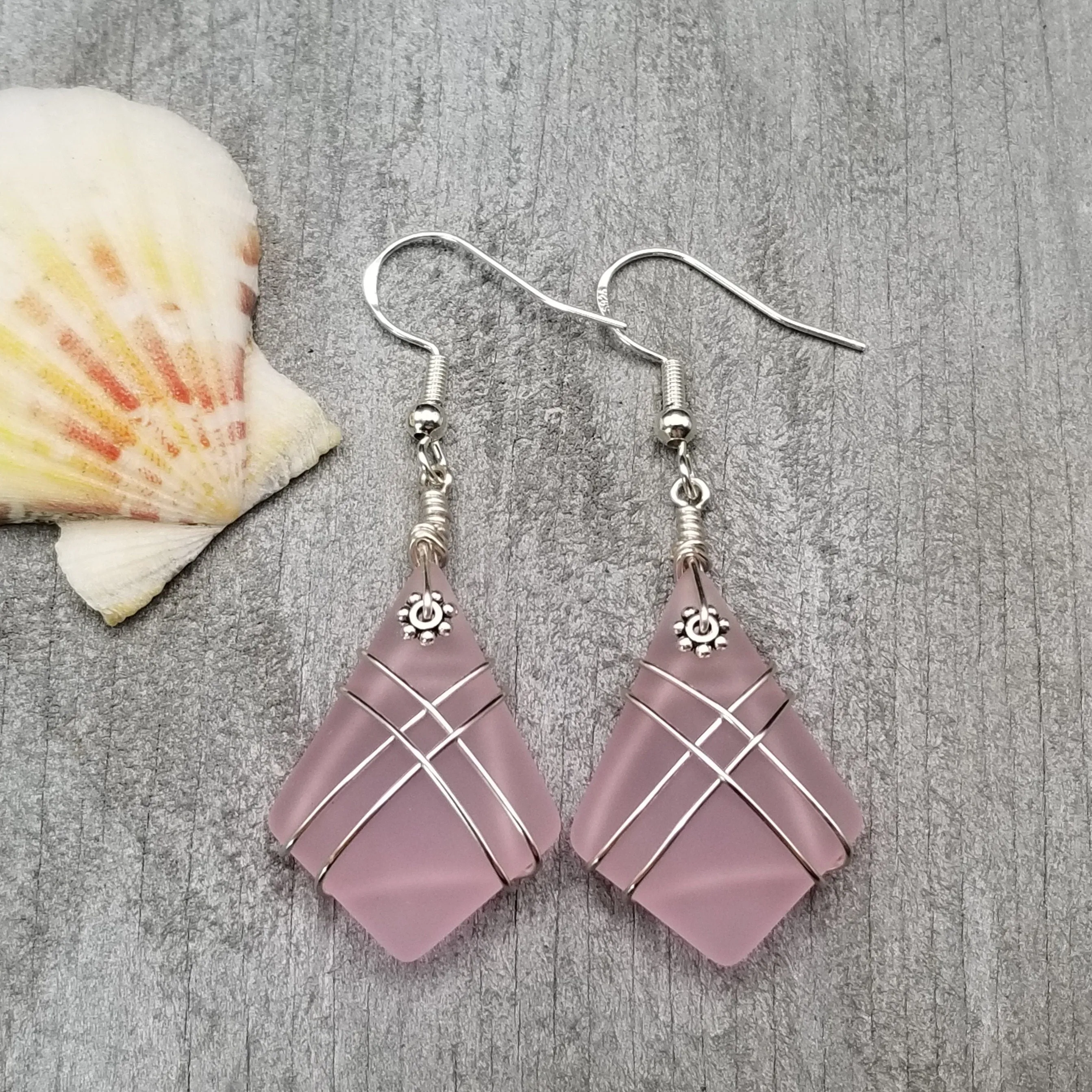 Hawaiian Jewelry Sea Glass Earrings, Wire Cross Pink Earrings, Beach Sea Glass Jewelry Unique Earrings (October Birthstone Jewelry Gift)