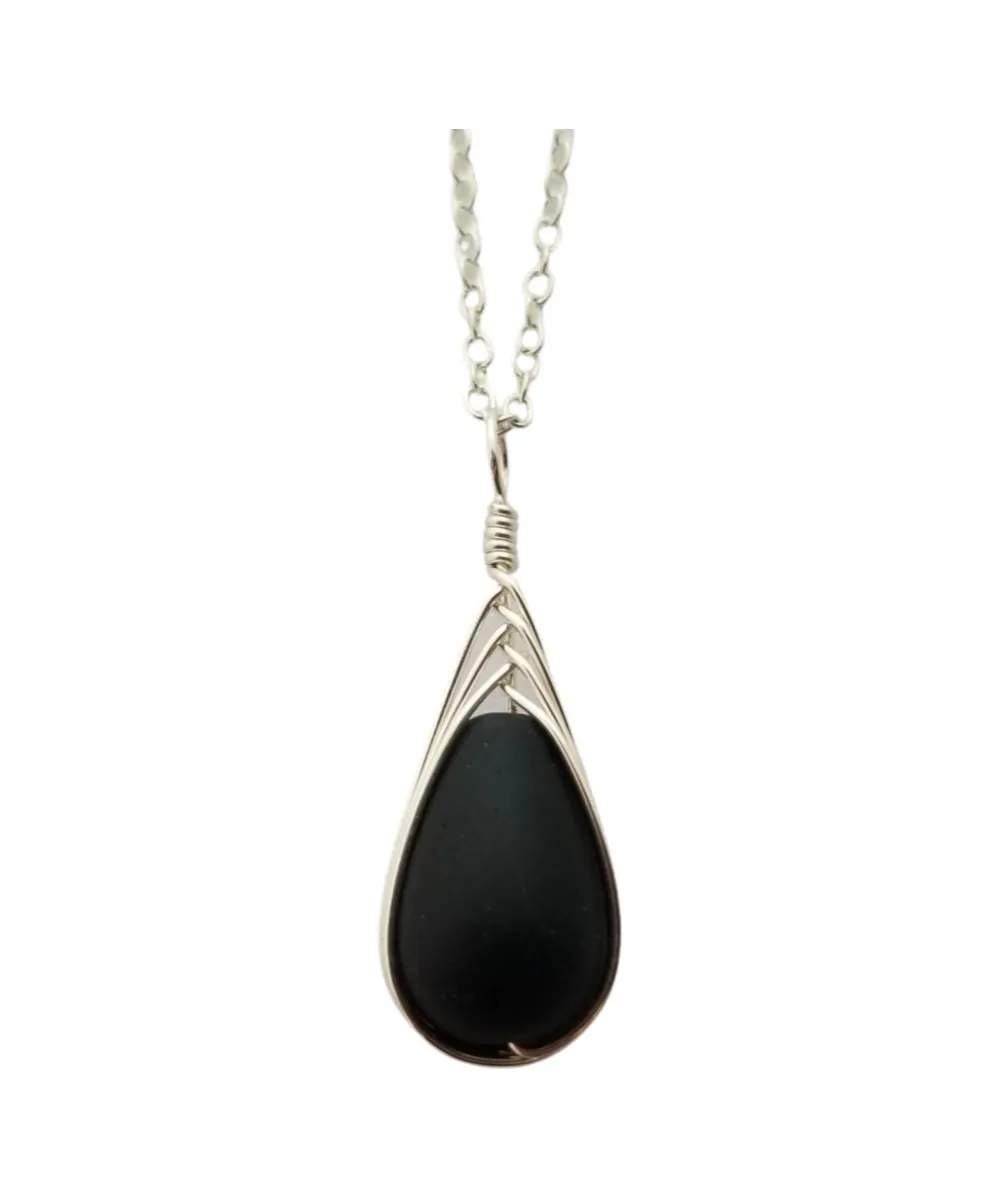 Hawaiian Jewelry Sea Glass Necklace, Braided Black Necklace Teardrop Necklace, Sea Glass Jewelry For Women, Unique Necklace Beach Jewelry