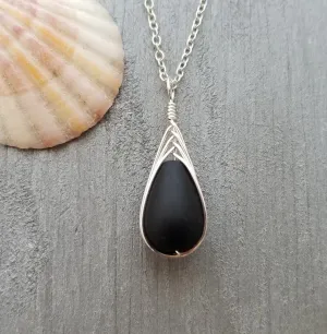 Hawaiian Jewelry Sea Glass Necklace, Braided Black Necklace Teardrop Necklace, Sea Glass Jewelry For Women, Unique Necklace Beach Jewelry