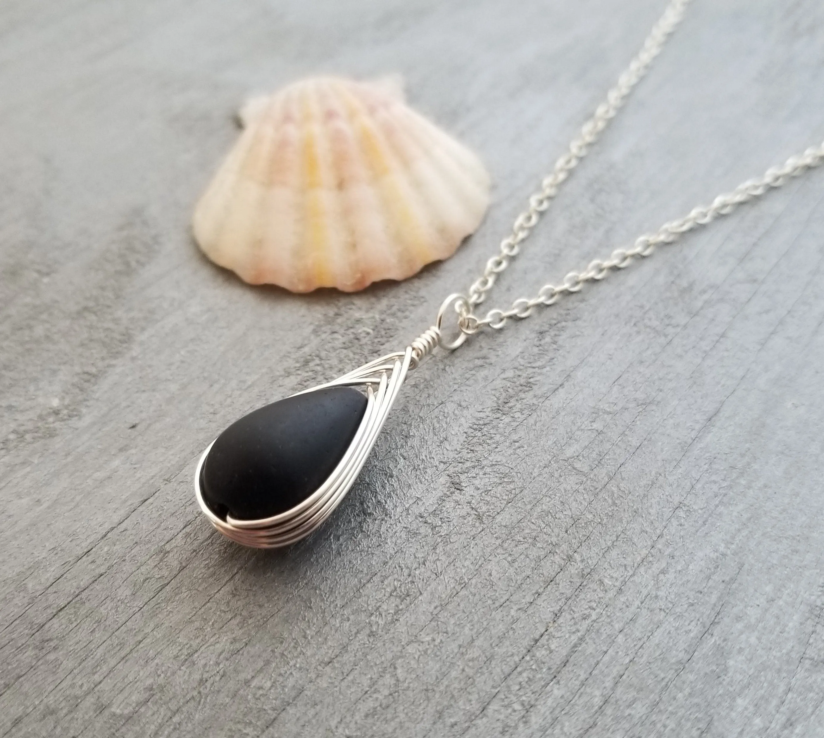 Hawaiian Jewelry Sea Glass Necklace, Braided Black Necklace Teardrop Necklace, Sea Glass Jewelry For Women, Unique Necklace Beach Jewelry