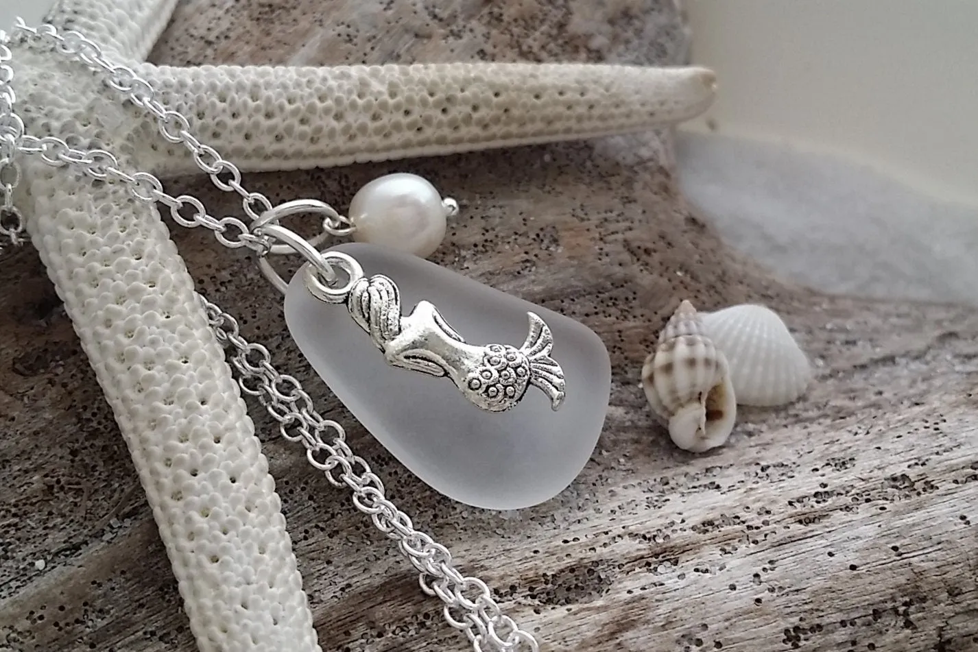 Hawaiian Jewelry Sea Glass Necklace, Crystal Necklace Mermaid Necklace Pearl Necklace, Sea Glass Jewelry Birthday Gift (April Birthstone)