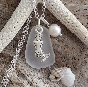 Hawaiian Jewelry Sea Glass Necklace, Crystal Necklace Mermaid Necklace Pearl Necklace, Sea Glass Jewelry Birthday Gift (April Birthstone)