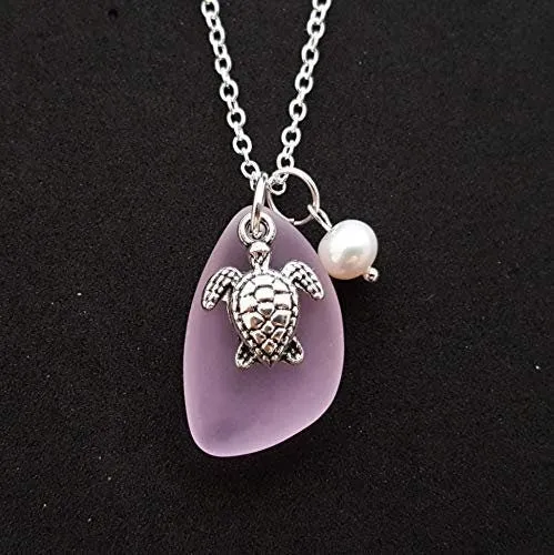 Hawaiian Jewelry Sea Glass Necklace, Pink Necklace Turtle Necklace Pearl Beach Sea Glass Jewelry Birthday Gift For Girl (October Birthstone)
