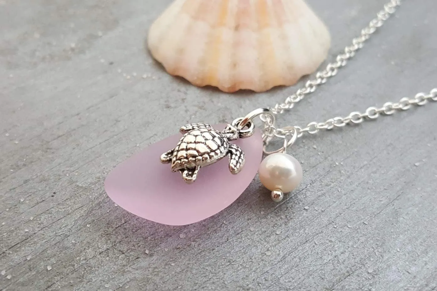 Hawaiian Jewelry Sea Glass Necklace, Pink Necklace Turtle Necklace Pearl Beach Sea Glass Jewelry Birthday Gift For Girl (October Birthstone)