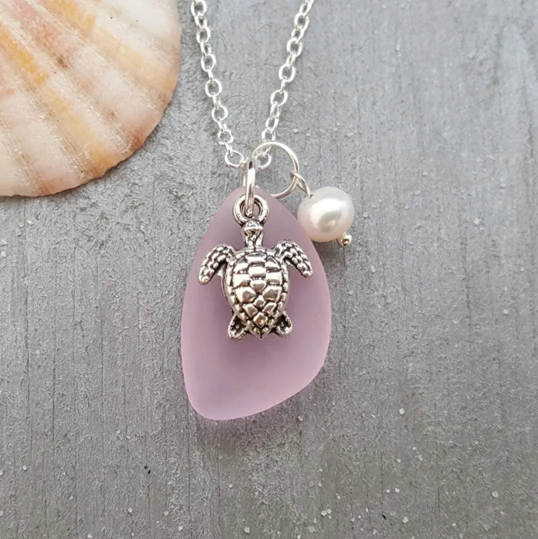 Hawaiian Jewelry Sea Glass Necklace, Pink Necklace Turtle Necklace Pearl Beach Sea Glass Jewelry Birthday Gift For Girl (October Birthstone)