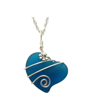 Hawaiian Jewelry Sea Glass Necklace, Teal Wire Wrapped Necklace Heart Necklace, Beach Jewelry For Girls Sea Glass Jewelry For Women