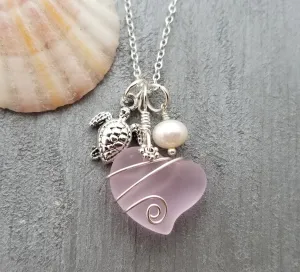 Hawaiian Jewelry Sea Glass Necklace, Wire Heart Necklace Pink Necklace, Pearl Turtle Necklace, Beach Jewelry For Women (October Birthstone)