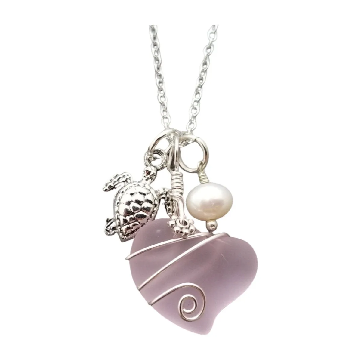 Hawaiian Jewelry Sea Glass Necklace, Wire Heart Necklace Pink Necklace, Pearl Turtle Necklace, Beach Jewelry For Women (October Birthstone)