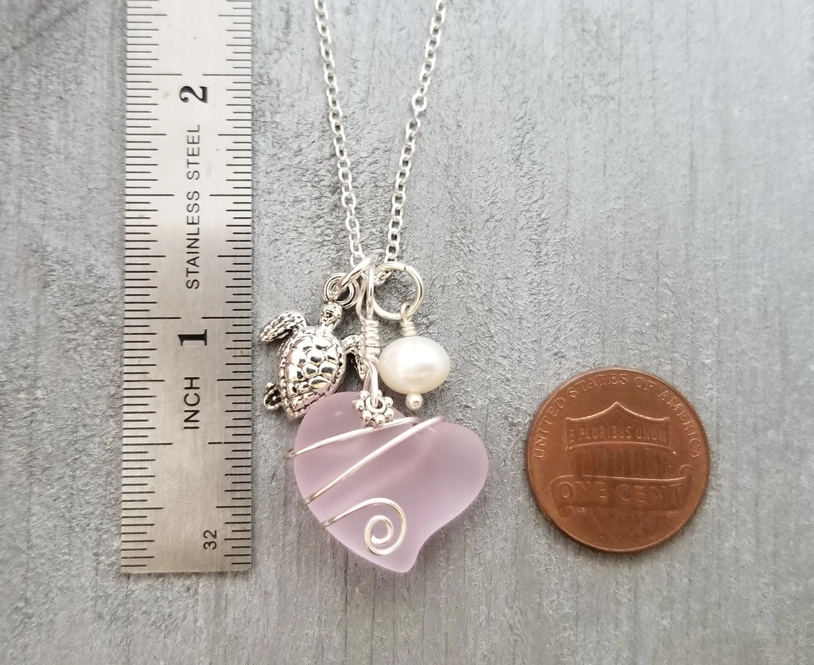 Hawaiian Jewelry Sea Glass Necklace, Wire Heart Necklace Pink Necklace, Pearl Turtle Necklace, Beach Jewelry For Women (October Birthstone)