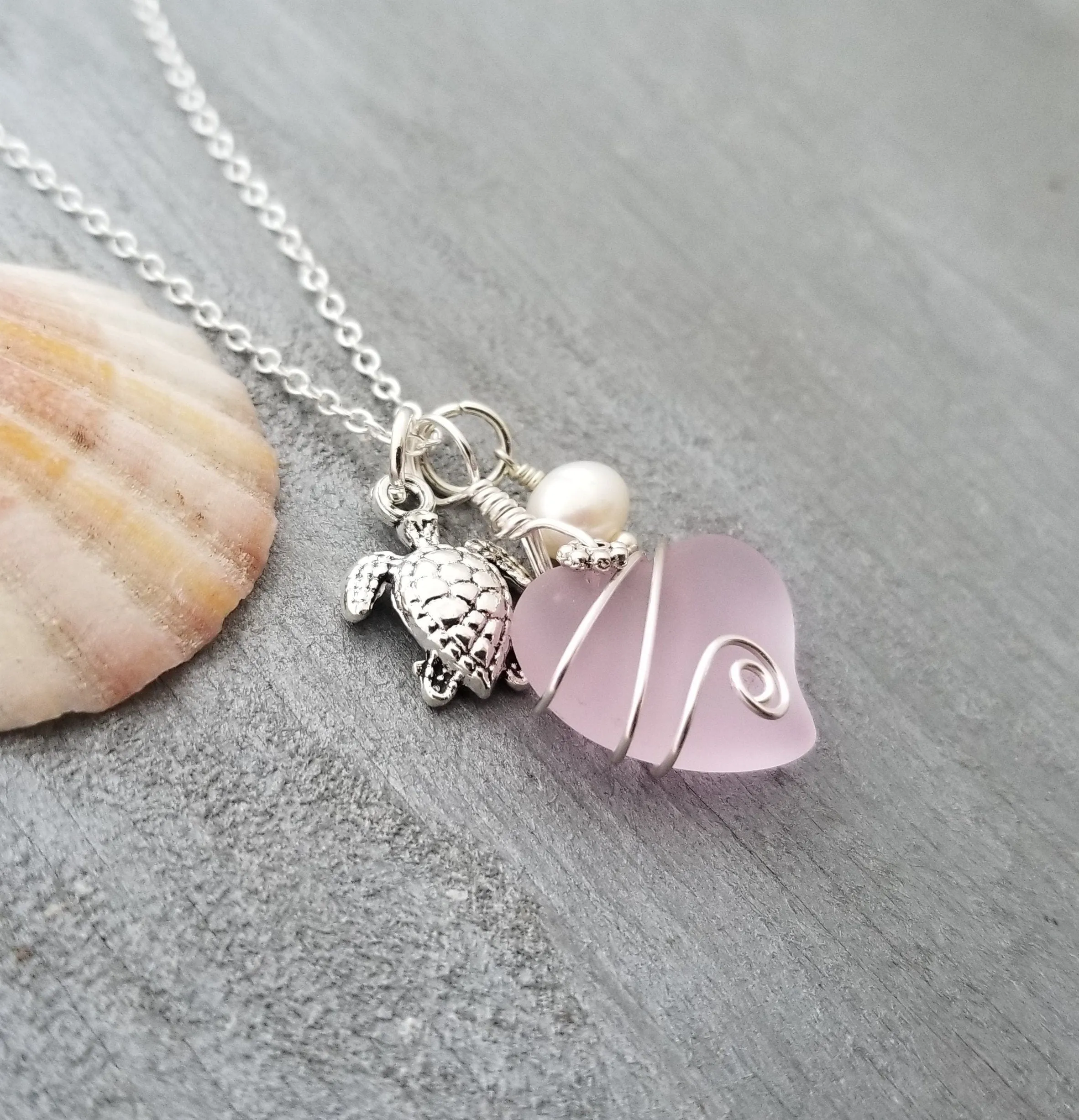 Hawaiian Jewelry Sea Glass Necklace, Wire Heart Necklace Pink Necklace, Pearl Turtle Necklace, Beach Jewelry For Women (October Birthstone)