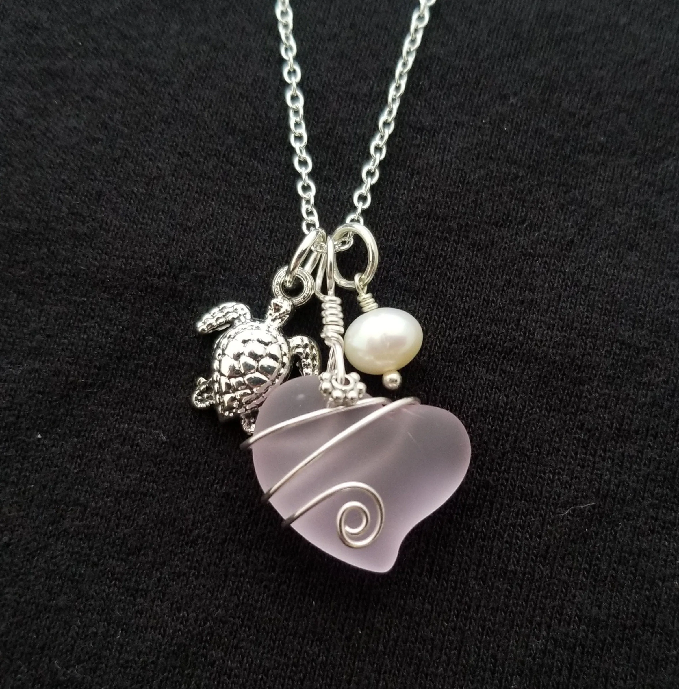 Hawaiian Jewelry Sea Glass Necklace, Wire Heart Necklace Pink Necklace, Pearl Turtle Necklace, Beach Jewelry For Women (October Birthstone)