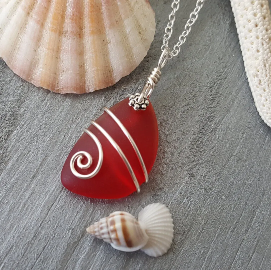 Hawaiian Jewelry Sea Glass Necklace, Wire Red Necklace, Sea Glass Jewelry Beach Jewelry Birthday Gift For Girls (January Birthstone Jewelry)