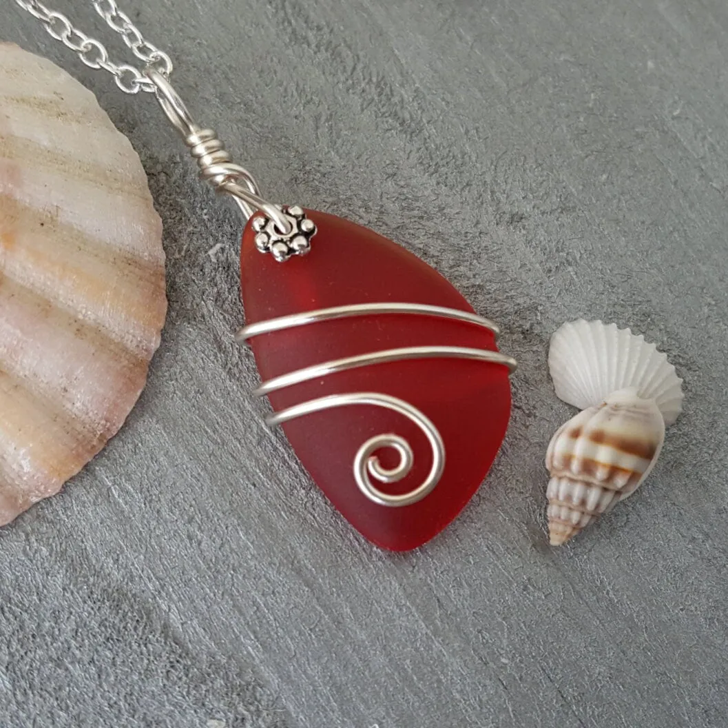 Hawaiian Jewelry Sea Glass Necklace, Wire Red Necklace, Sea Glass Jewelry Beach Jewelry Birthday Gift For Girls (January Birthstone Jewelry)
