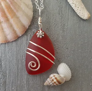 Hawaiian Jewelry Sea Glass Necklace, Wire Red Necklace, Sea Glass Jewelry Beach Jewelry Birthday Gift For Girls (January Birthstone Jewelry)