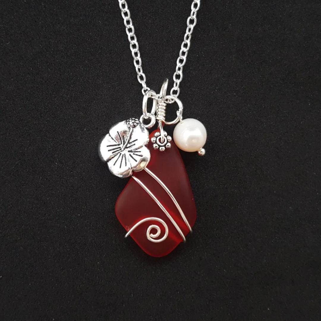 Hawaiian Jewelry Sea Glass Necklace, Wire Ruby Red Necklace Hibiscus Pearl Necklace, Beach Jewelry Sea Glass Jewelry (July Birthstone Gift)