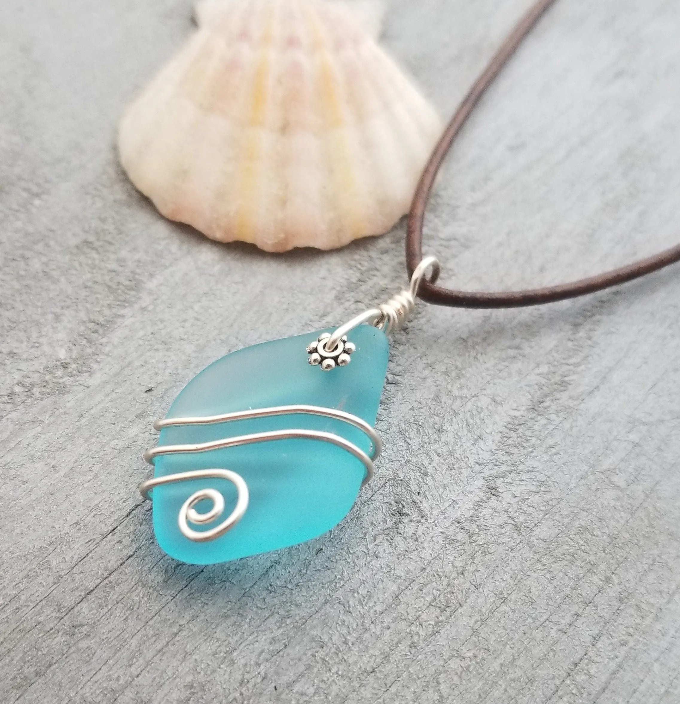 Hawaiian Jewelry Sea Glass Necklace, Wire Turquoise Necklace Blue Necklace, Sea Glass Jewelry Birthday Gift (December Birthstone Jewelry)