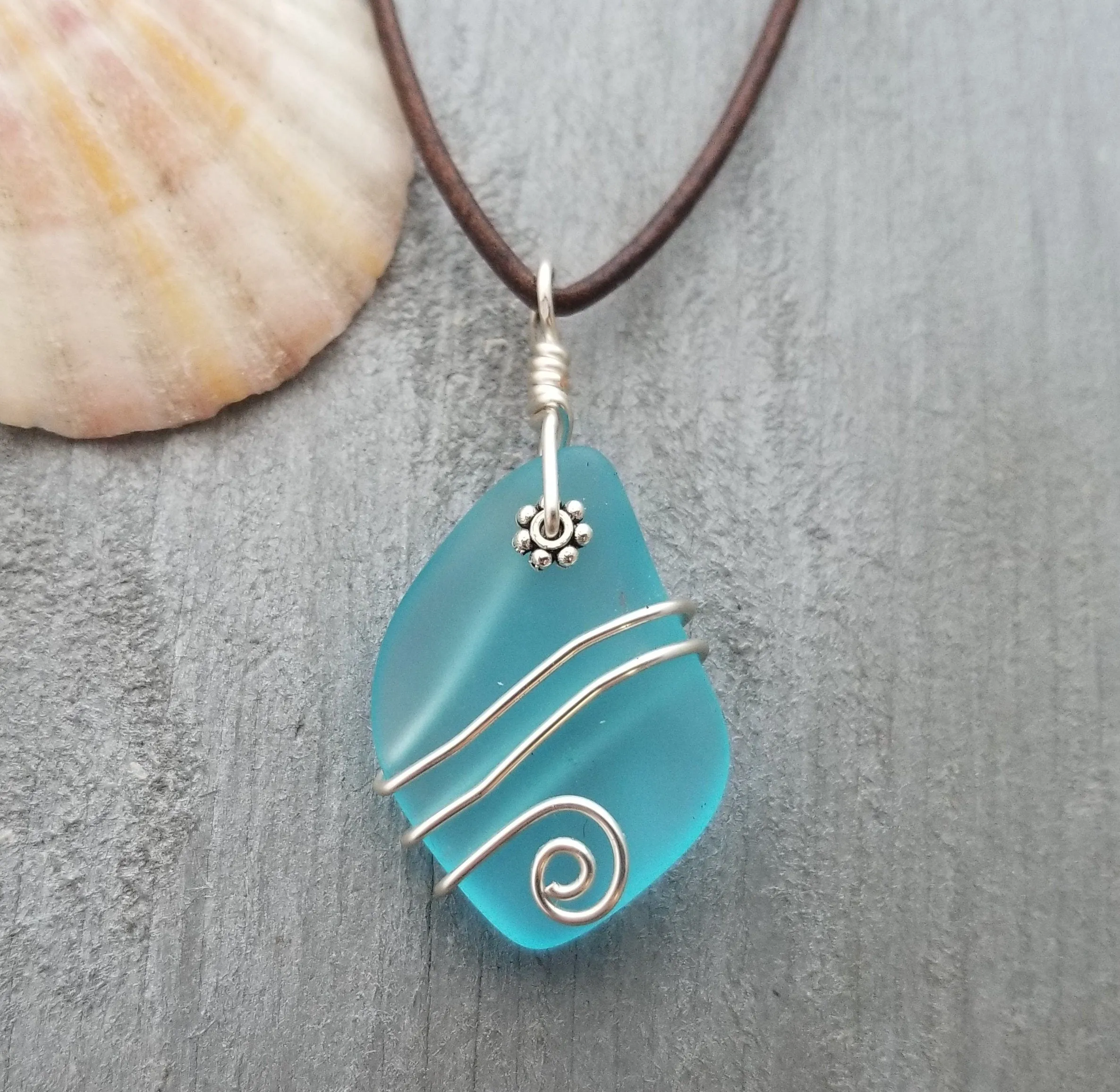 Hawaiian Jewelry Sea Glass Necklace, Wire Turquoise Necklace Blue Necklace, Sea Glass Jewelry Birthday Gift (December Birthstone Jewelry)