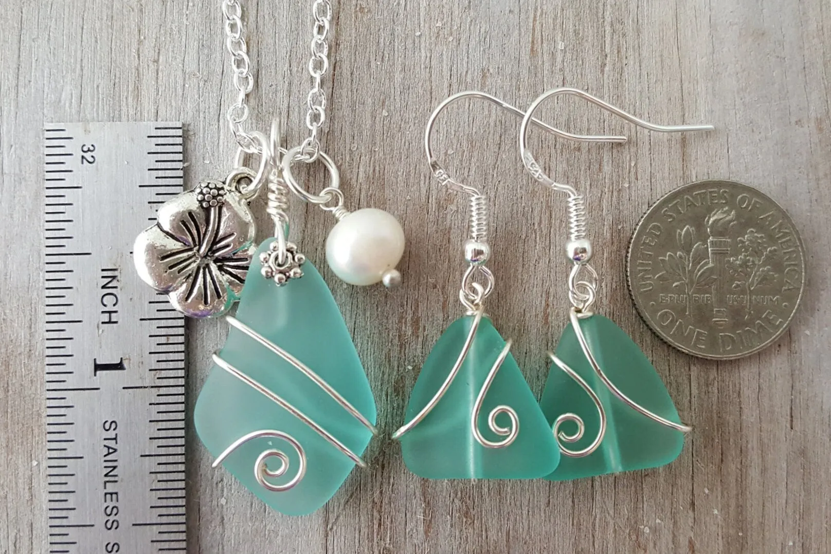 Hawaiian Jewelry Sea Glass Set, Wire Aquamarine Necklace Earrings Jewelry Set, Hibiscus Pearl Jewelry Birthday Gift (March Birthstone Gift)