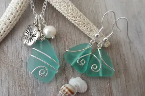 Hawaiian Jewelry Sea Glass Set, Wire Aquamarine Necklace Earrings Jewelry Set, Hibiscus Pearl Jewelry Birthday Gift (March Birthstone Gift)
