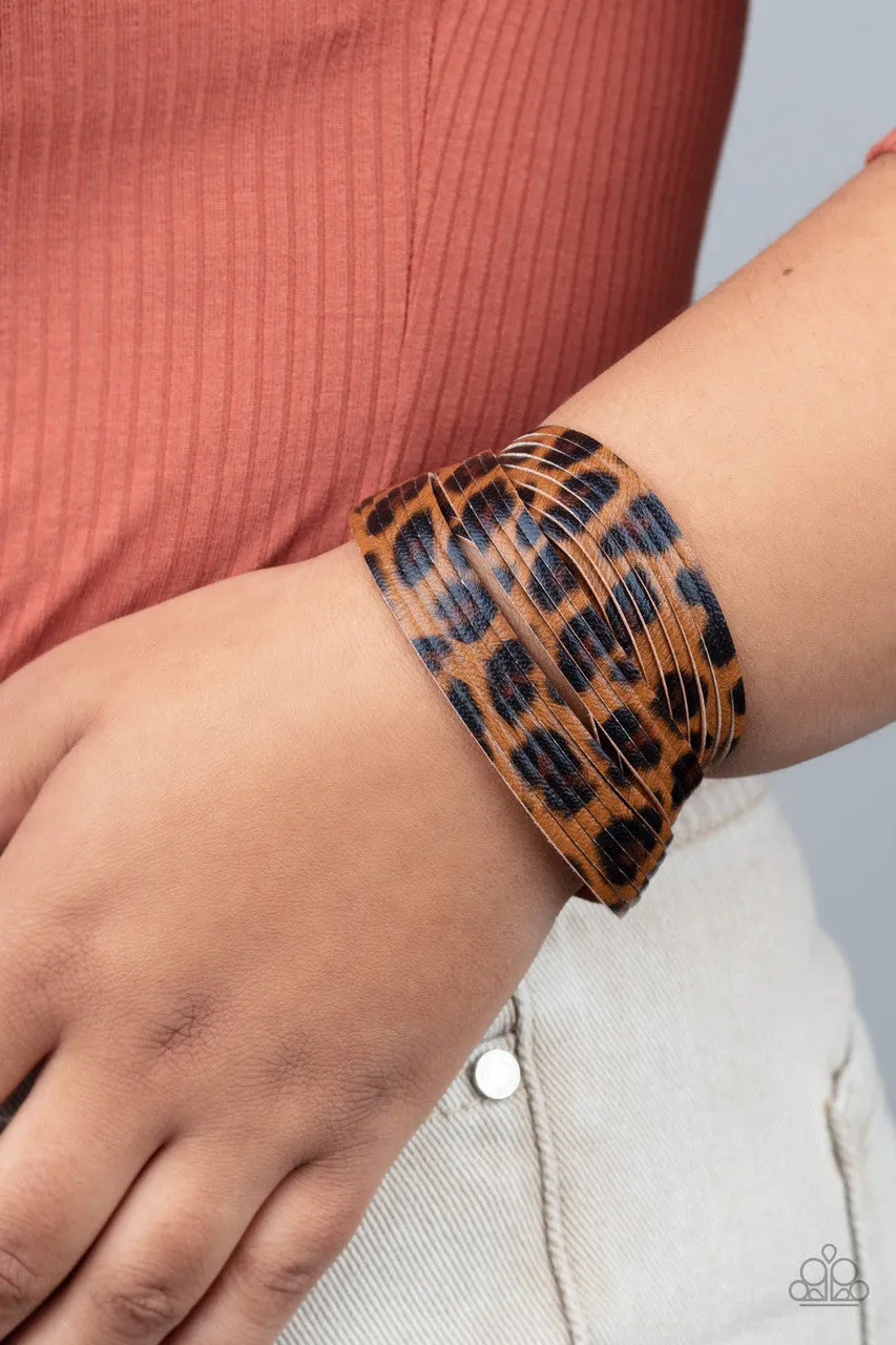 Hey GRRirl - Brown - Cheetah Spliced Leather Paparazzi Snap Wrap Bracelet