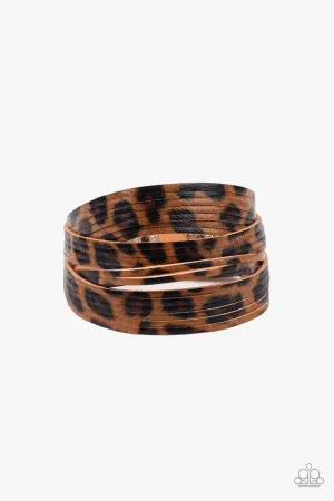 Hey GRRirl - Brown - Cheetah Spliced Leather Paparazzi Snap Wrap Bracelet