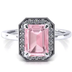 Holly Emerald Pink Sapphire 4 Prong Pinpoint Floating Halo Scalloped Cathedral Ring