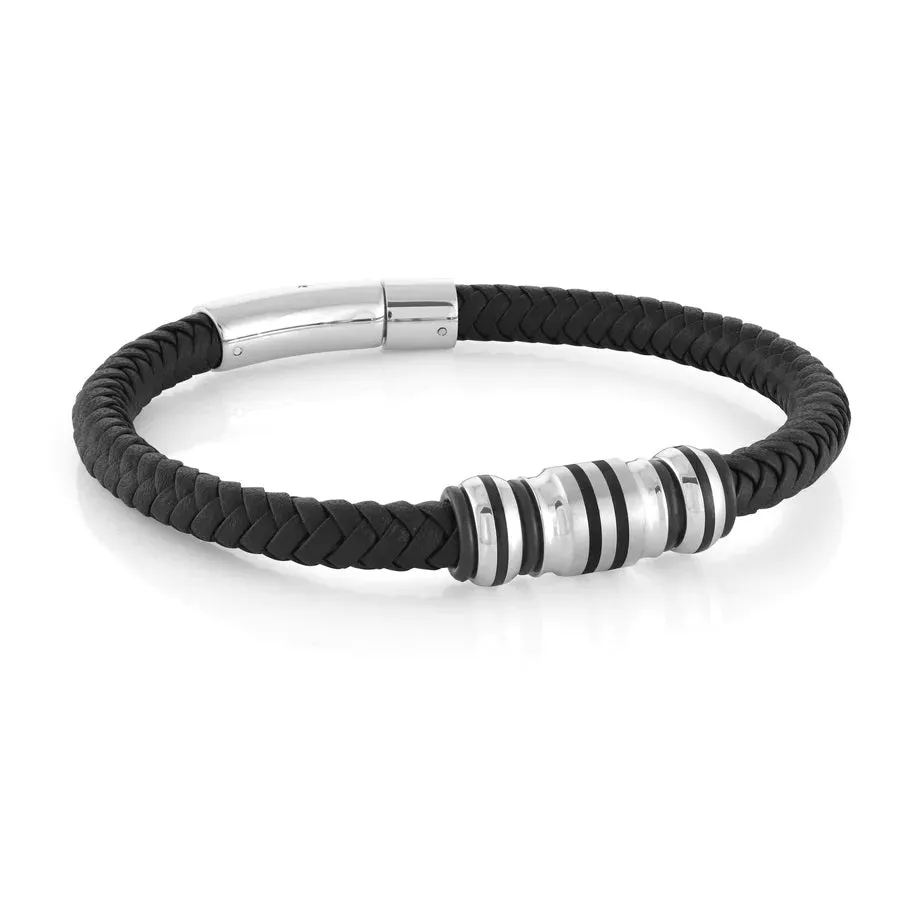 Italgem Black Braided Leather with Stainless Steel and Black Plated Beads Bracelet