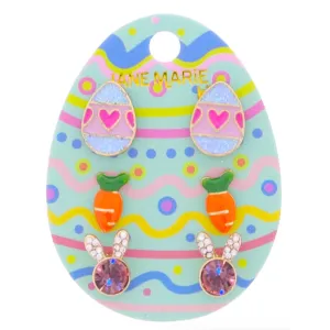 Jane Marie 3 Stud Set- Multi Pink and Glitter Periwinkle Enamel Easter Egg, Enamel Carrot, Crystal Pave Ears, and Light Pink Crystal Bunny Head