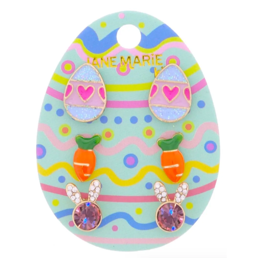 Jane Marie 3 Stud Set- Multi Pink and Glitter Periwinkle Enamel Easter Egg, Enamel Carrot, Crystal Pave Ears, and Light Pink Crystal Bunny Head