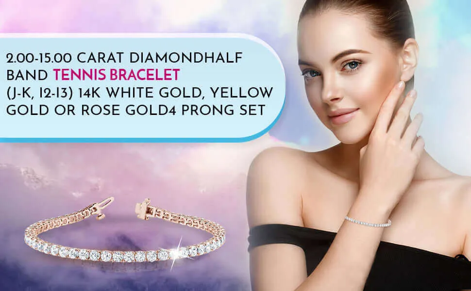 JewelMore 2.00-15.00 Carat Diamond, Tennis Bracelet (J-K, I2-I3) 14K White Gold, Yellow Gold or Rose Gold4 Prong Set Round-cut Diamond Bracelet | Real Diamond Jewelry for Women