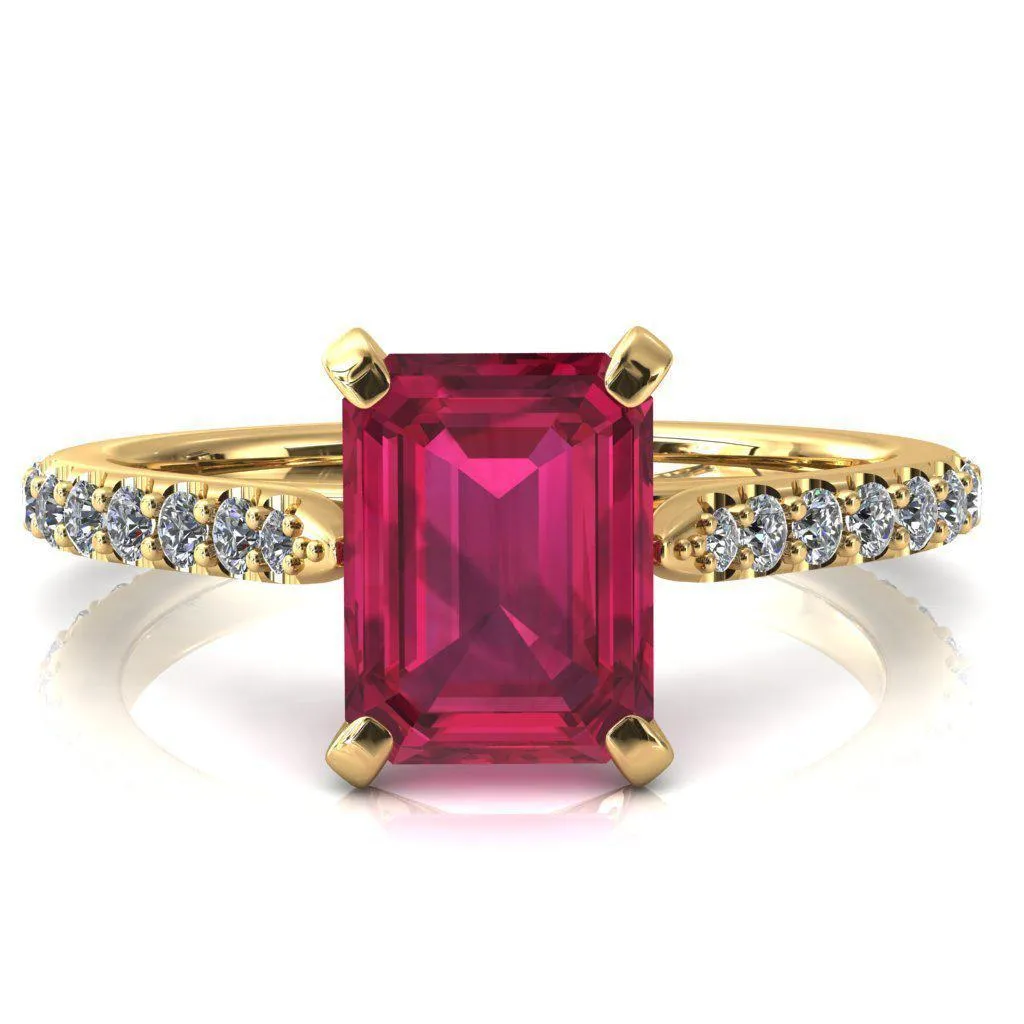Kelsy Emerald Ruby 4 Prong 3/4 Shared Scalloped Inverted Cathedral Ring