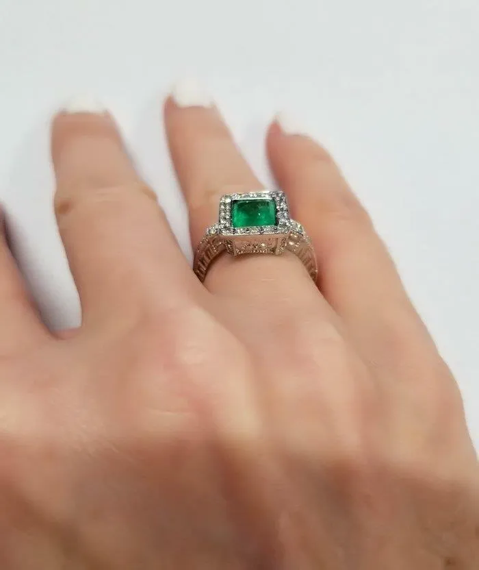LADIES 14k WHITE GOLD 2.65ct PRINCESS CUT EMERALD 1/4ct ROUND DIAMOND HALO RING