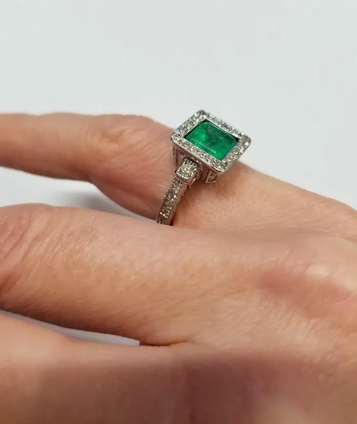 LADIES 14k WHITE GOLD 2.65ct PRINCESS CUT EMERALD 1/4ct ROUND DIAMOND HALO RING