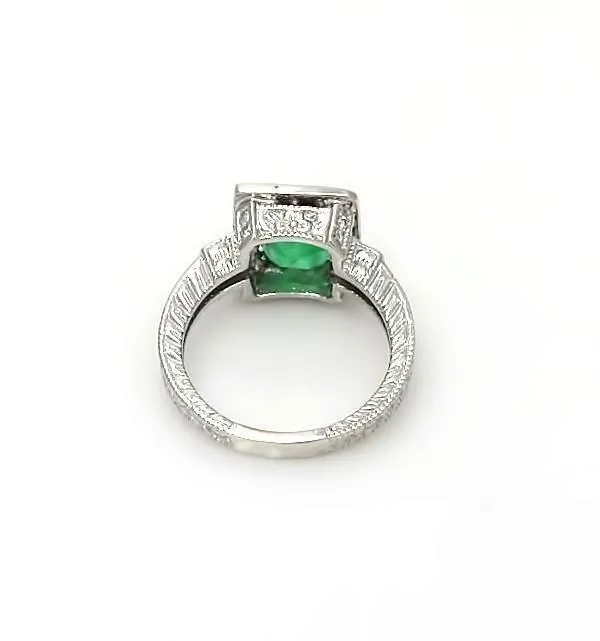 LADIES 14k WHITE GOLD 2.65ct PRINCESS CUT EMERALD 1/4ct ROUND DIAMOND HALO RING