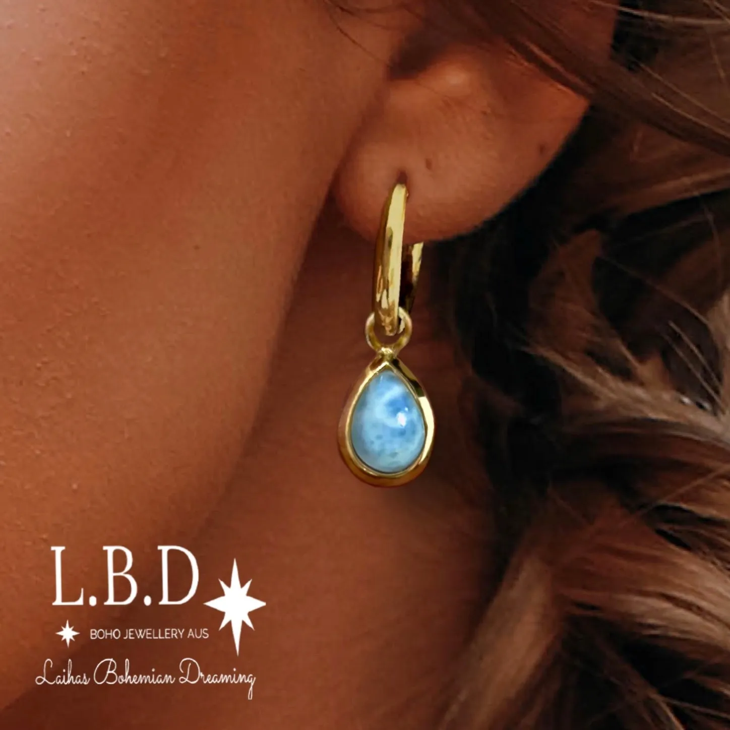 Laihas Classic Chic Raindrop Gold Larimar Hoop Earrings
