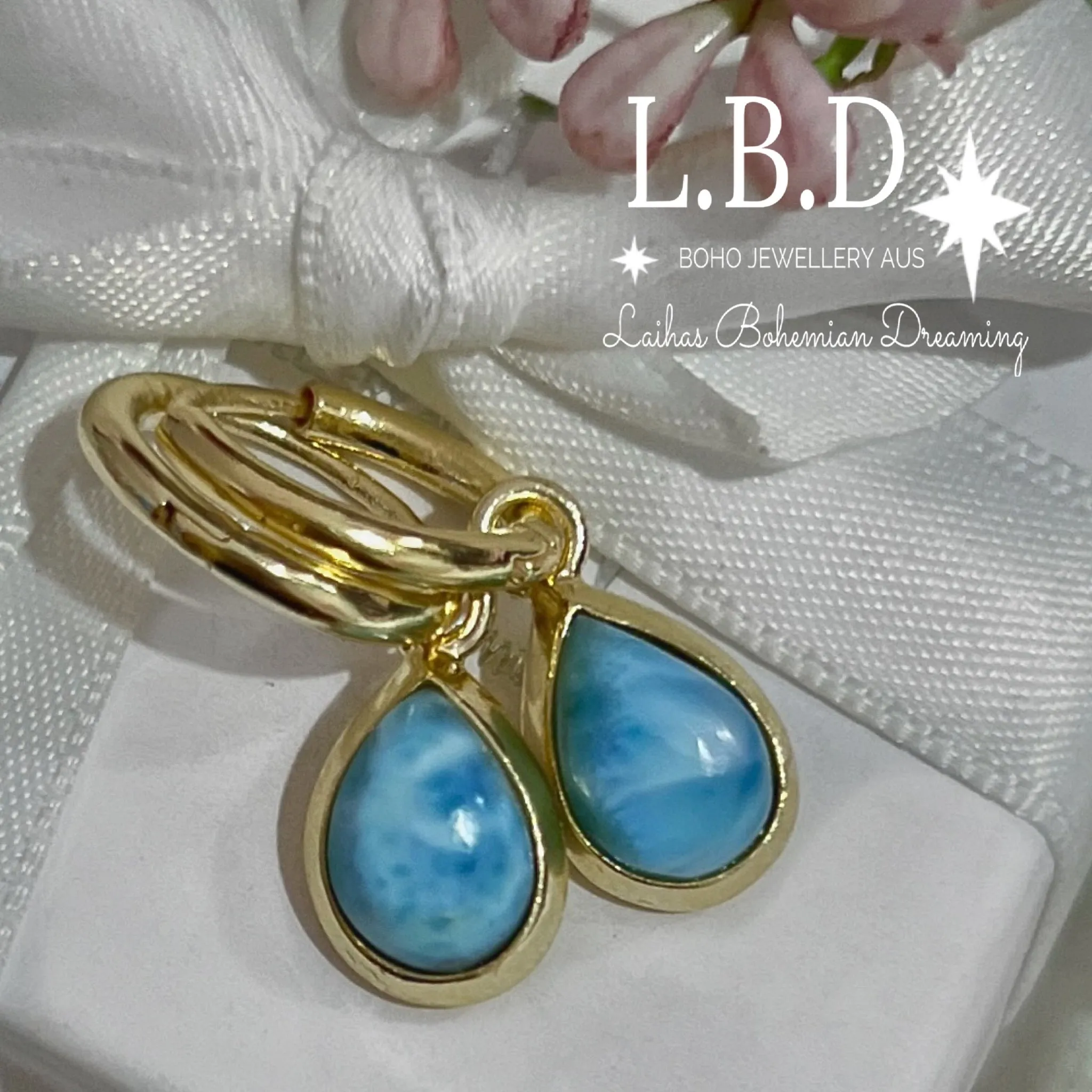 Laihas Classic Chic Raindrop Gold Larimar Hoop Earrings