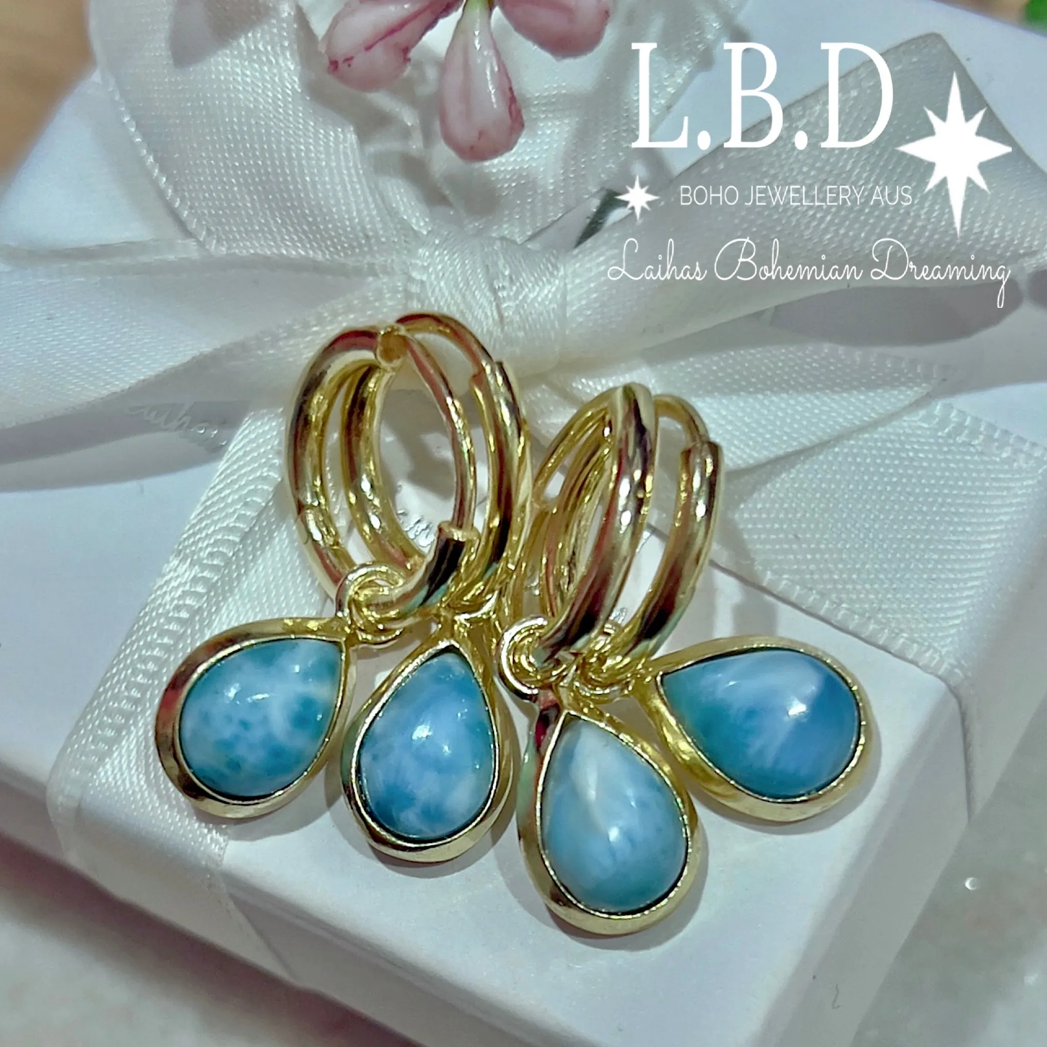 Laihas Classic Chic Raindrop Gold Larimar Hoop Earrings