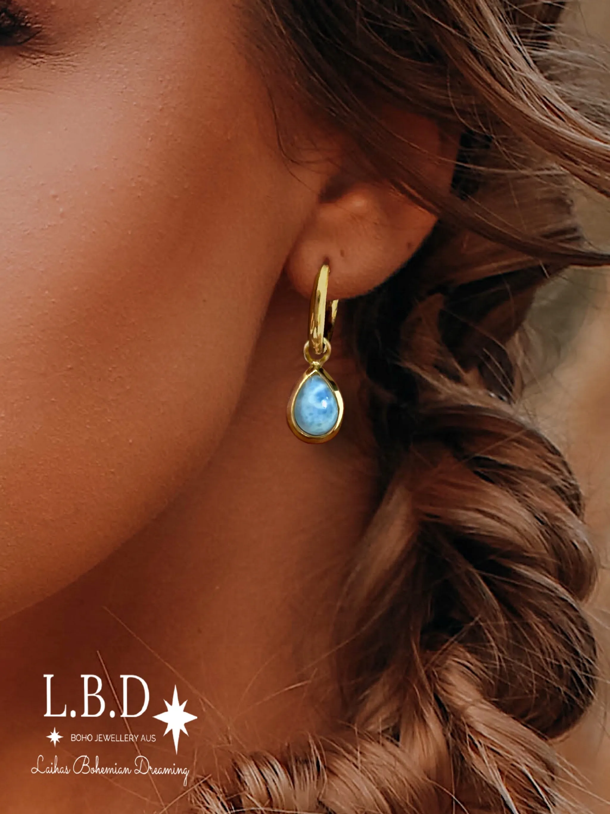 Laihas Classic Chic Raindrop Gold Larimar Hoop Earrings