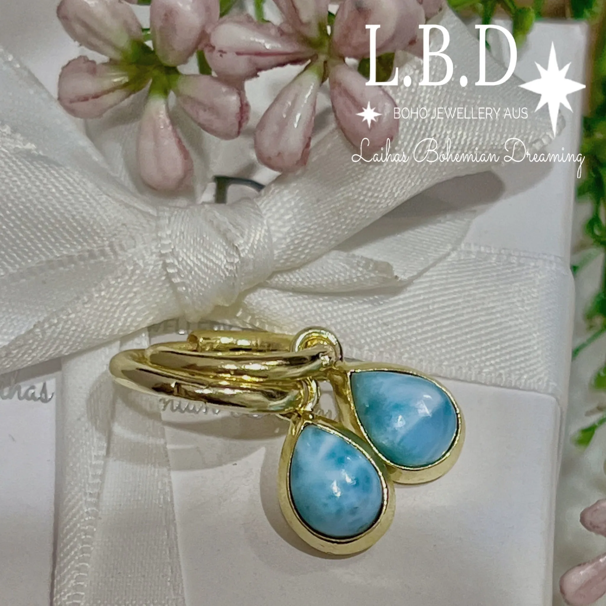 Laihas Classic Chic Raindrop Gold Larimar Hoop Earrings