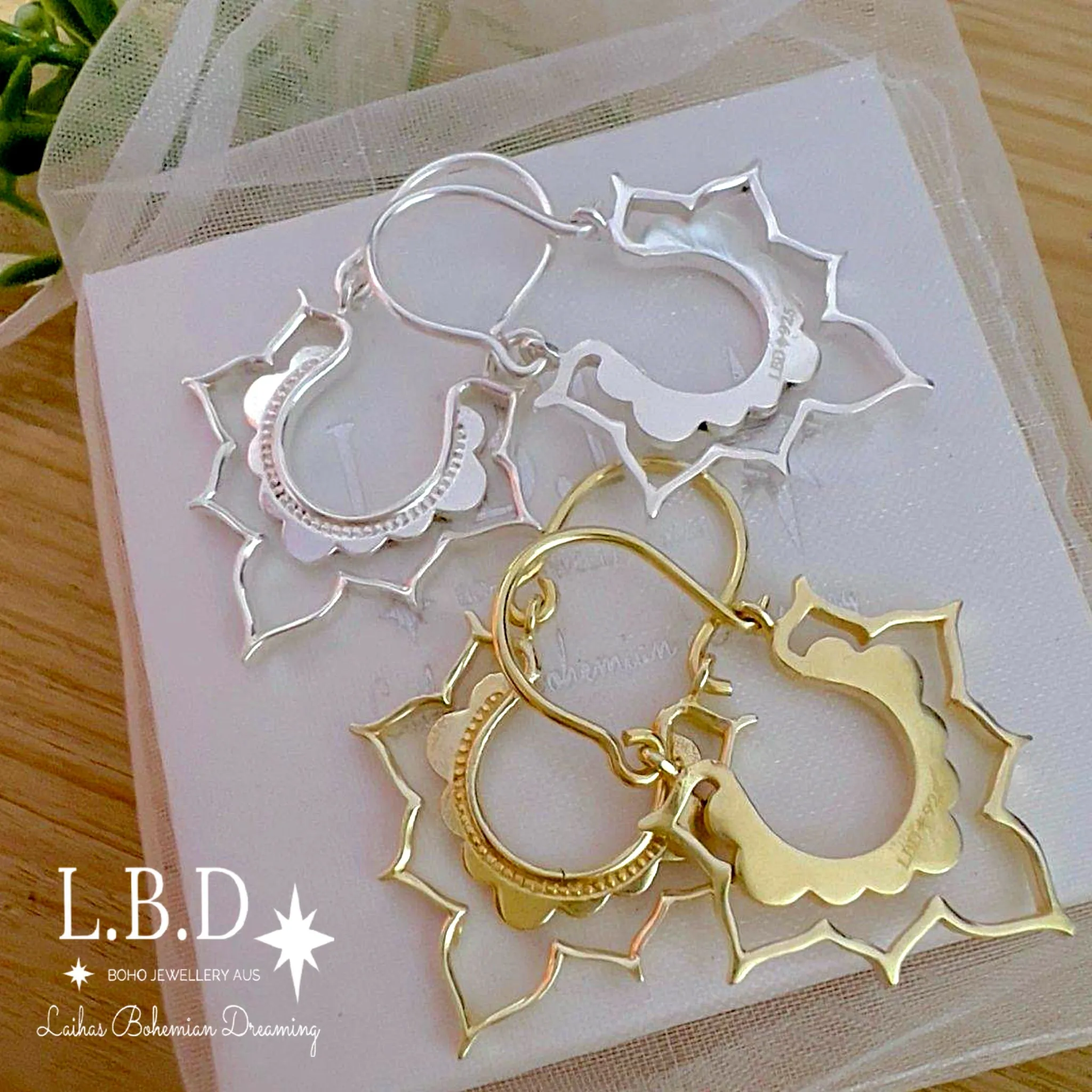 Laihas Large Bohemian Lotus Flower Sterling Silver Hoop Earrings