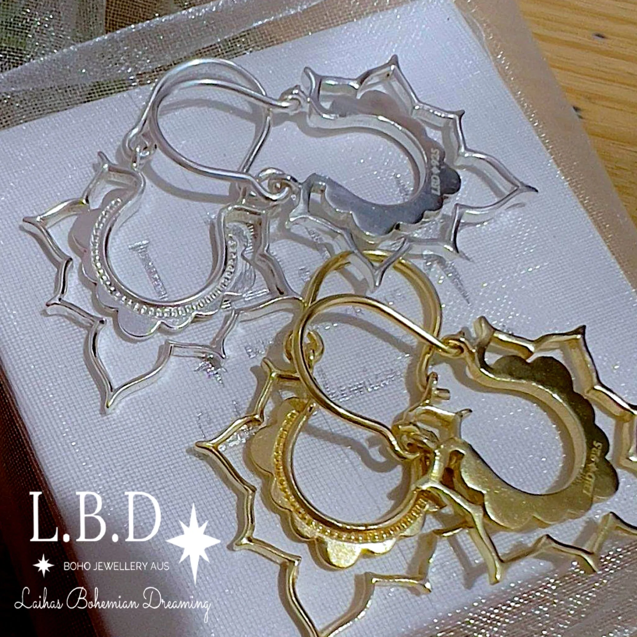 Laihas Large Bohemian Lotus Flower Sterling Silver Hoop Earrings
