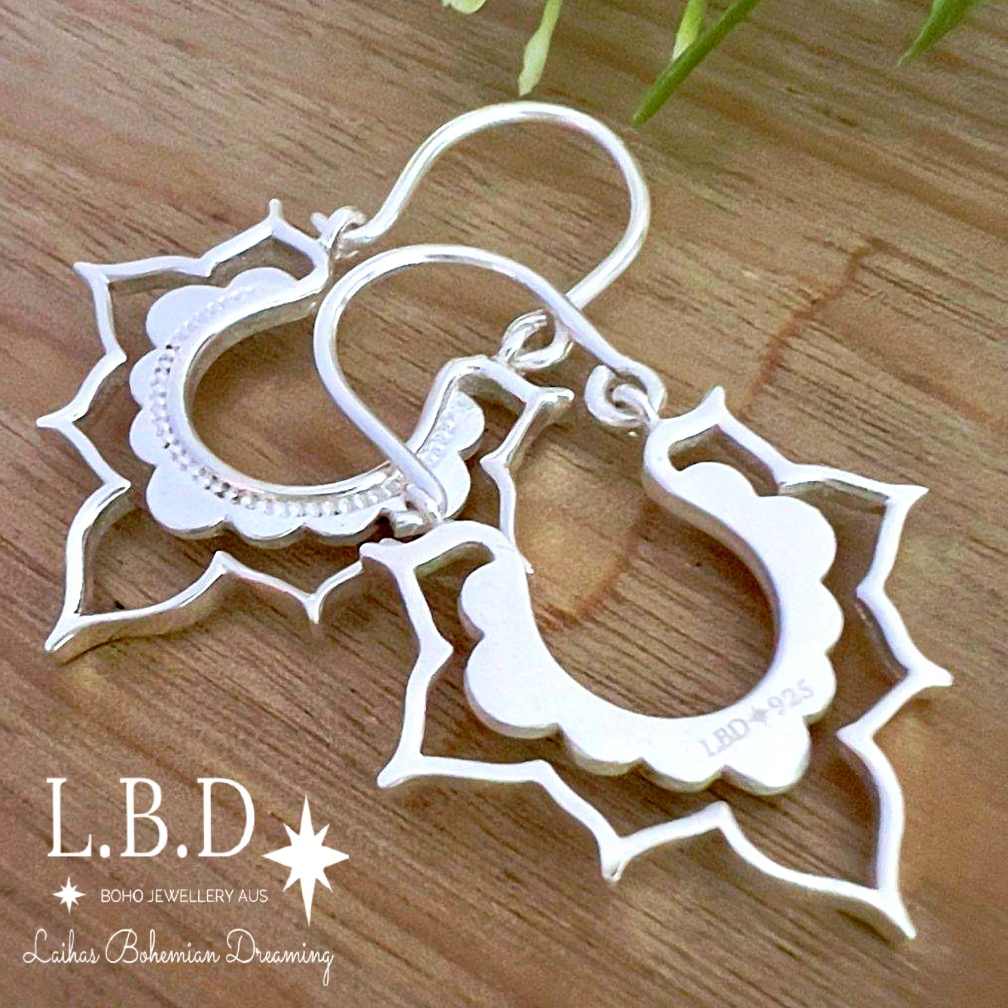 Laihas Large Bohemian Lotus Flower Sterling Silver Hoop Earrings