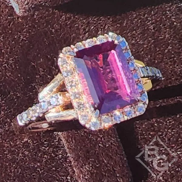 Le Vian Emerald Cut Raspberry Rhodolite Chocolate & Vanilla Diamond Halo Ring