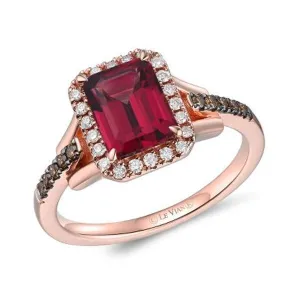 Le Vian Emerald Cut Raspberry Rhodolite Chocolate & Vanilla Diamond Halo Ring
