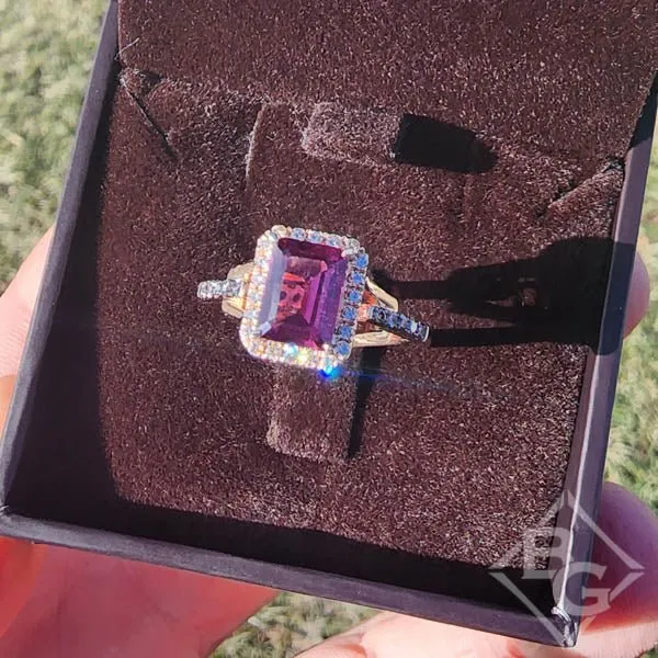 Le Vian Emerald Cut Raspberry Rhodolite Chocolate & Vanilla Diamond Halo Ring