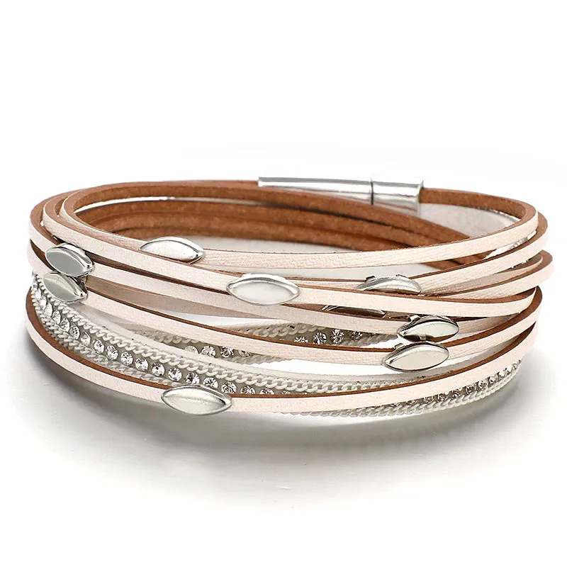 Leaf Charm Pink Leather Bracelets for Women Men  Crystal Chain Boho Multilayer Wrap Bracelet Femme Jewelry