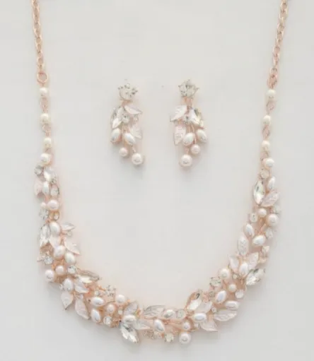 Leaf Pattern Pearl Crystal Necklace and Earring Set