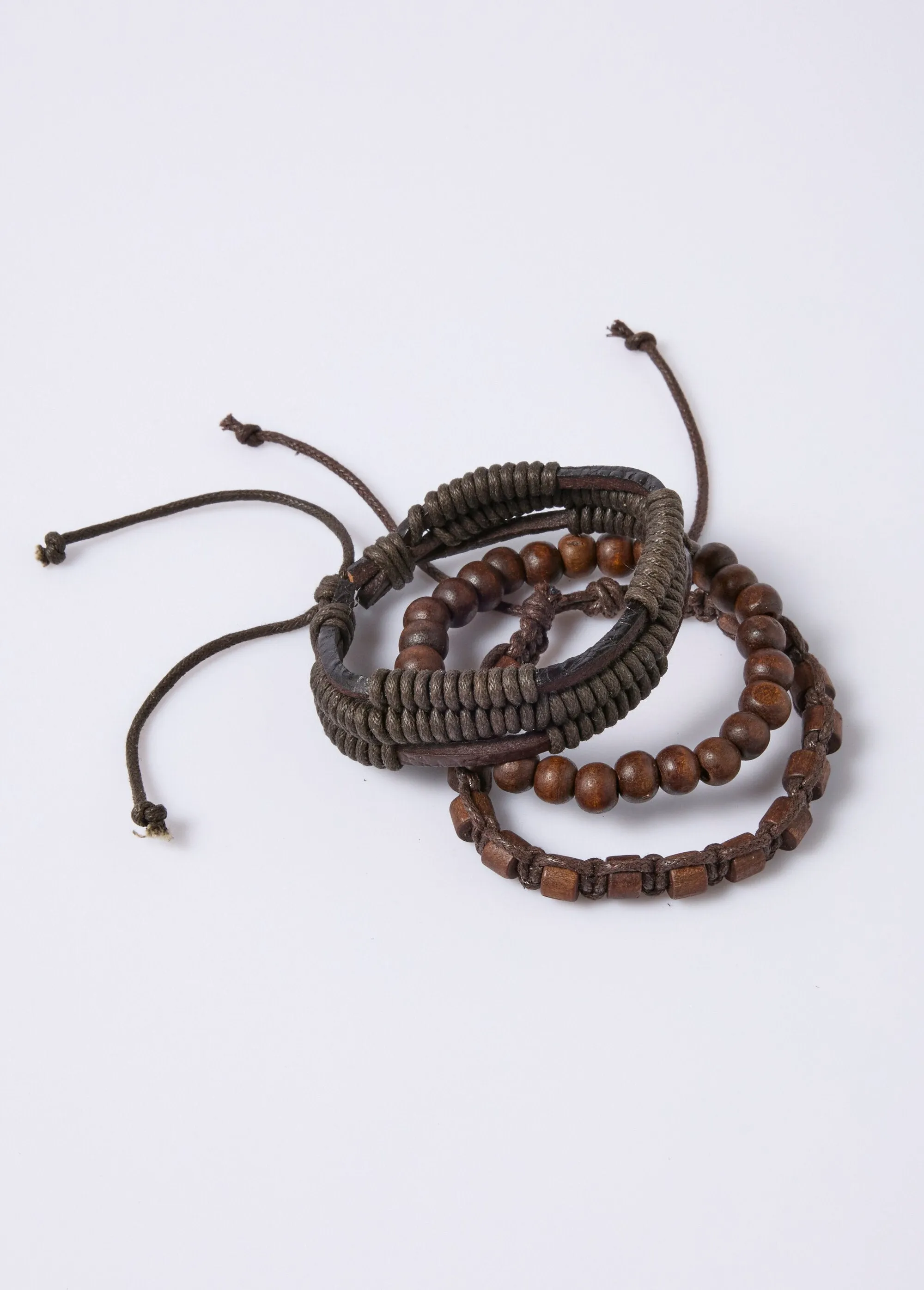 Leather, rope and wooden bead bracelets