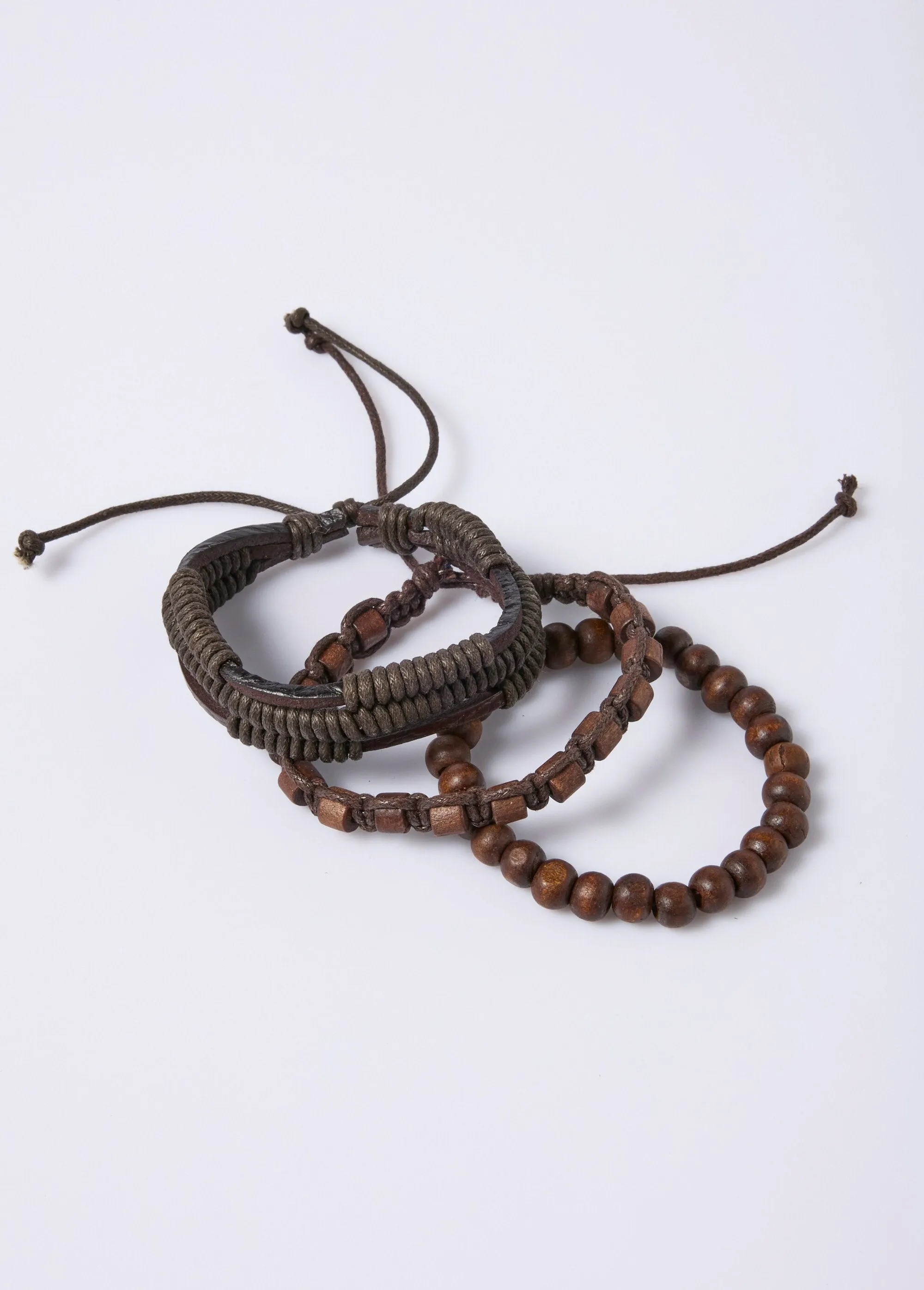 Leather, rope and wooden bead bracelets