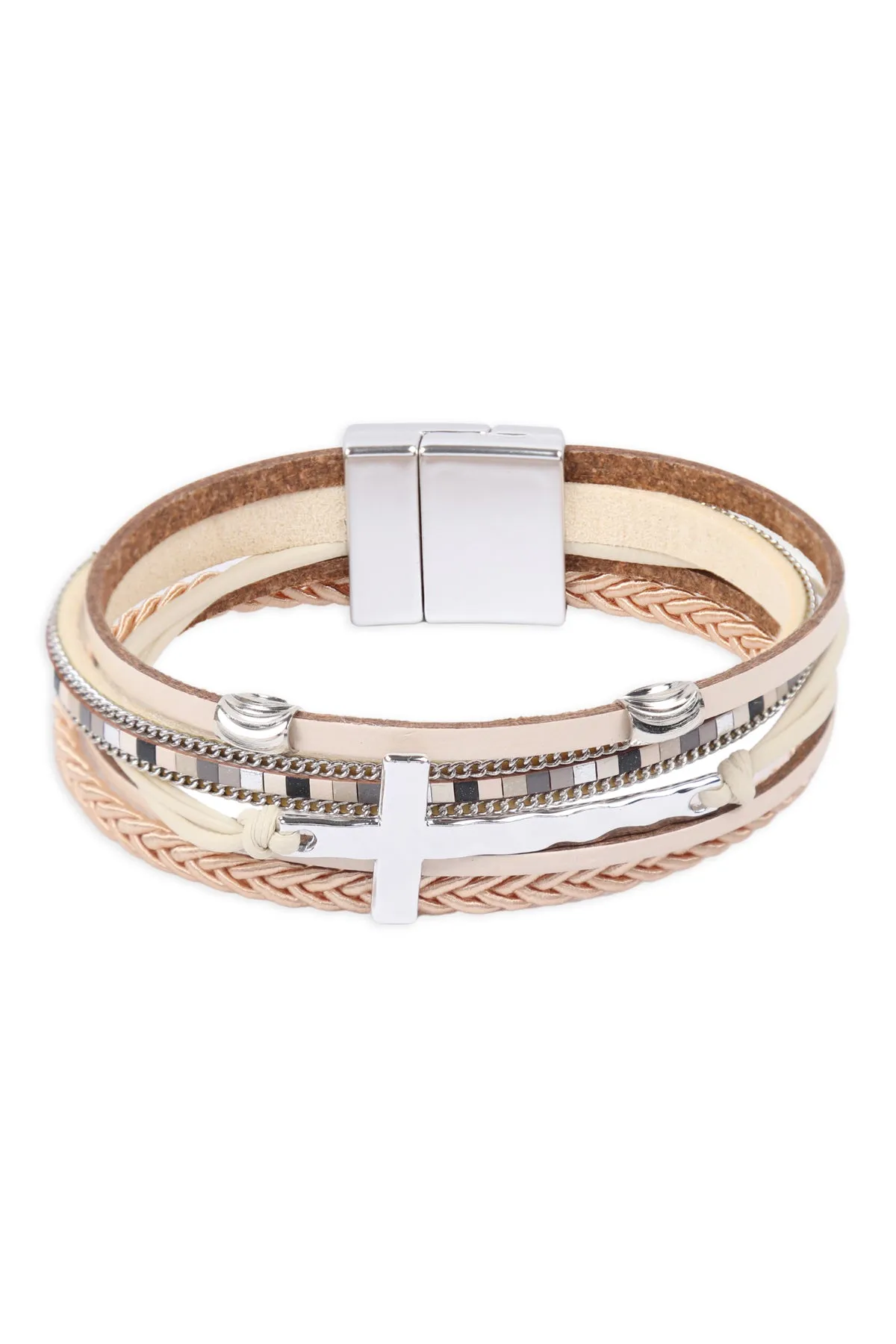 LEATHER WRAP WITH CROSS CHARM MAGNETIC LOCK BRACELET
